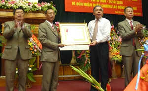 Thừa ủy quyền Chủ tịch nước, đồng chí Bùi Ngọc Đảm, Phó Chủ tịch Thường trực UBND tỉnh trao Huân chương Lao động hạng Nhì cho HND tỉnh.