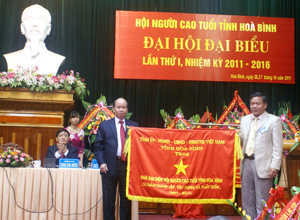 Đồng chí Hoàng Việt Cường, Bí thư Tỉnh ủy tặng cờ Ban đại diện Hội NCT tỉnh “10 năm thành lập, xây dựng và phát triển (2001-2011)”.