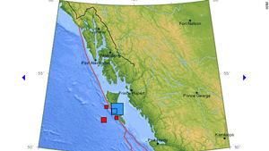 Tâm chấn (ô vuông xanh)  nằm ngoài khơi bờ biển tây Canada.