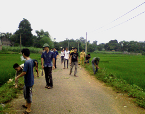 Trong chiến dịch hè tình nguyện 2013, ĐV-TN xã Yên Nghiệp (Lạc Sơn) dọn dẹp, phát quang bụi rậm đường làng.