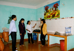 Lãnh đạo Hội LHPN tỉnh, Văn phòng Ban điều phối chương trình mục tiêu quốc gia về xây dựng NTM tỉnh thăm khu vực bếp ăn của gia đình chị Bùi Thị Diên, xóm Rường, xã Trung Bì (Kim Bôi).