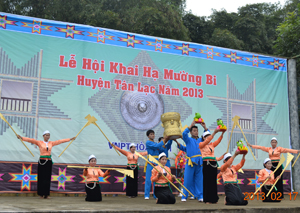Tân Lạc phục dựng lại các lễ hội truyền thống, hình thức sinh hoạt  văn hóa, thể thao dân gian truyền thống của người Mường. Ảnh: Lễ hội khai hạ Mường Bi năm 2013.