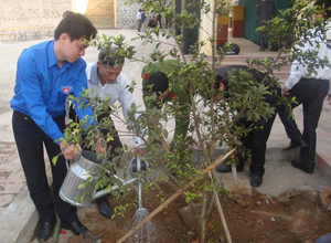 Đồng chí Hoàng Xuân Giao, Phó Bí thư Tỉnh đoàn, Chủ tịch Hội LHTN tỉnh trồng cây cùng ĐV - TN huyện Đà Bắc, thiết thực hưởng ứng Năm thanh niên tình nguyện 2014.