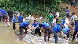 Lãnh đạo Tỉnh đoàn cùng ĐV -TN xã Nuông Dăm tát nước làm cầu dân sinh tại xóm Dăm Hạ (Kim Bôi). Ảnh: P.V