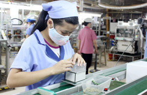 Công nhân Công ty TNHH Sanko Việt Nam,  phường Hữu Nghị (TP Hòa Bình) được trang bị đầy đủ  bảo hộ lao động, cải thiện điều kiện làm việc.