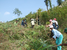 Nhân dân xã Cun Pheo (huyện Mai Châu) phát dọn đường băng cản lửa phòng cháy chữa cháy rừng.