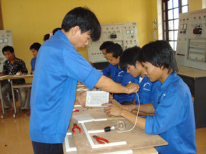 Giờ thực hành của sinh viên lớp điện công nghiệp, trường Cao đẳng nghề Hòa Bình.