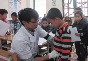 Các y- bác sỹ trẻ trong CLB thầy thuốc trẻ tỉnh khám sức khỏe  cho các em học sinh trường tiểu học Lỗ Sơn (Tân Lạc).