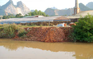 Dòng sông Bùi, đoạn qua thị trấn Lương Sơn bị ô nhiễm vì dòng nước thải của các DN sản xuất vật liệu xây dựng trên địa bàn.