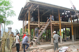 Nhân dân xóm Nhót, xã Nà Phòn (Mai Châu) hỗ trợ gia đình chị  Lò Thị Dần, nằm trong diện hộ nghèo được hỗ trợ đang xây dựng ngôi nhà mới.