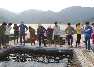 Các hộ nông dân tham quan mô hình nuôi cá tầm trong lồng tại xã Hiền Lương (Đà Bắc).