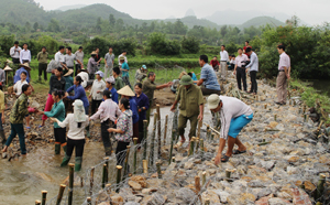 Thực hiện chiến dịch thủy lợi đợt 2/2015, huyện Kim Bôi đã huy động trên 28.550 ngày công, hoàn thành vượt kế hoạch. (Ảnh: Huy động người dân kè đá, nâng cấp kênh mương nội đồng trên địa bàn xã Sơn Thủy.)