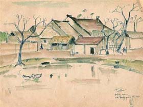 Làng Đổng Viên - ký họa của L.Đ.Tuấn về nơi đóng quân đầu tiên 


