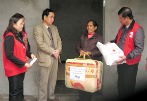 Lãnh đạo TƯ Hội CTĐ và lãnh đạo tỉnh tặng quà Tết cho hộ gia đình neo đơn Nguyễn Thị Nơ, xã Hợp Thành ( Kỳ Sơn).