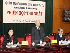 Tổng Bí thư, Chủ tịch Quốc hội, Chủ tịch Hội đồng bầu cử Nguyễn Phú Trọng phát biểu tại phiên họp.