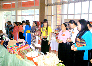 Các đại biểu phụ nữ tham quan gian trưng bày sản phẩm của hội viên phụ nữ cơ sở tại Đại hội Hội LHPN lần thứ XV, nhiệm kỳ 2011 - 2016.