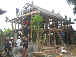 Nhân dân xóm Nhót, xã Nà Phòn (Mai Châu) giúp gia đình  chị Lò Thị Dần dựng nhà mới.
