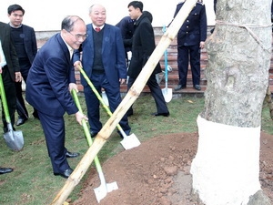 Chủ tịch Quốc hội Nguyễn Sinh Hùng trồng cây lưu niệm tại trụ sở mới của Tổng cục Hải quan. (Ảnh: Nhan Sáng/TTXVN)
