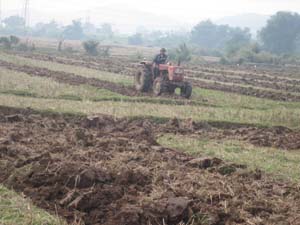 Nông dân xã Hạ Bì (Kim Bôi) làm đất chuẩn bị gieo cấy lúa chiêm xuân.