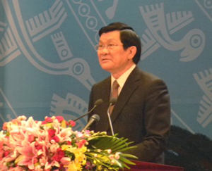 Chủ tịch nước Trương Tấn Sang đọc diễn văn kỷ niệm tại buổi Lễ
(Ảnh: HN)