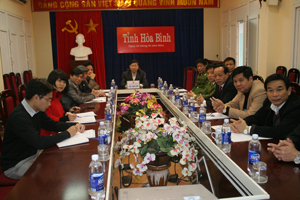 Đồng chí Bùi Văn Cửu, Phó Chủ tịch UBND tỉnh và các đại biểu tại điểm cầu Hoà Bình.