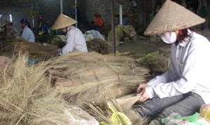 Phụ nữ xã Hợp Thịnh (Kỳ Sơn) làm thêm nghề đan chổi chít cho thu nhập bình quân từ 2 - 2,5 triệu đồng/người/tháng.