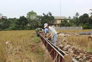 Nhờ phát huy tốt vai trò giám sát, giai đoạn 2011 - 2015,  xã Địch Giáo đã huy động nhân dân đóng góp được tiền  và ngày công trị giá 17 tỷ đồng để xây dựng NTM.  Trong ảnh: Kiên cố hóa hệ thống kênh mương tại xóm Sung.
