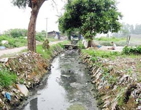 Mương của làng nghề Triều Khúc, xã Tân Triều, huyện Thanh Trì ô nhiễm nghiêm trọng từ nhiều năm nay.