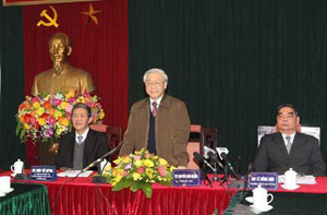 Tổng Bí thư Nguyễn Phú Trọng phát biểu ý kiến tại buổi làm việc.   ( Ảnh: TRÍ DŨNG (TTXVN)