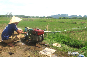 Ứng phó với hạn hán đầu vụ, nông dân xã Ngọc Lương (Yên Thuỷ) sử dụng máy bơm dã chiến để bơm nước vào ruộng cứu lúa.
