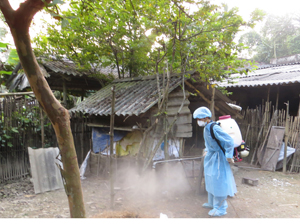Nhân viên thú y xã Yên Mông (thành phố Hòa Bình) tiến hành tiêu độc khử trùng ở tất cả diện tích khu vực chăn nuôi hộ gia đình ngay trong ngày đầu tiên phát động Tháng vệ sinh, tiêu độc, khử trùng khẩn cấp.

