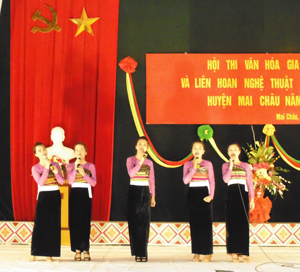 Hàng năm, huyện Mai Châu tổ chức nhiều đợt giao lưu văn nghệ, hội diễn nghệ thuật quần chúng thu hút được đông đảo người dân tham gia. 

