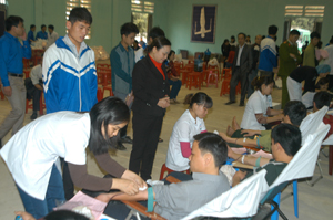Lãnh đạo Hội CTĐ tỉnh thăm, động viên các tình nguyện viên  huyện Lạc Sơn đang hiến máu.
