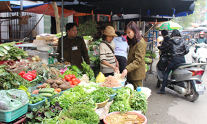 Lực lượng QLTT số 1, thành phố Hòa Bình nắm bắt diễn biến giá cả thị trường sau Tết tại chợ Phương Lâm.