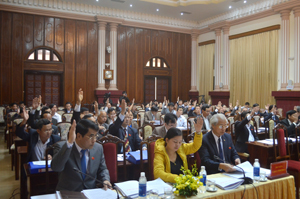 Các đại biểu HĐND tỉnh biểu quyết thông qua Nghị quyết tại kỳ họp thứ 12, HĐND tỉnh khóa XV.

