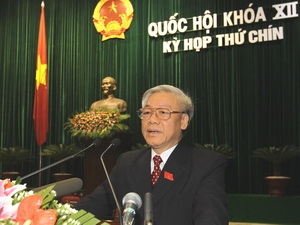 Tổng Bí thư, Chủ tịch Quốc hội Nguyễn Phú Trọng trình bày Báo cáo tổng kết hoạt động của Quốc hội khóa XII.