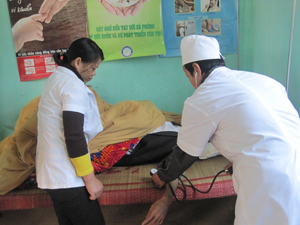 Năm 2011, Trạm y tế xã Nuông Dăm (Kim Bôi) đã điều trị cho 2.736 lượt người. Trong ảnh:?Cán bộ Trạm y tế xã tận tình khám bệnh cho nhân dân.                
ảnh:Bùi Thoa (Báo in K28a1)