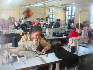 Năm 2013, huyện Lạc Thuỷ đặt chỉ tiêu nâng tỷ lệ lao động đào tạo nghề lên trên 20%. Ảnh: Giờ học nghề may công nghiệp của lao động nông thôn tại Trung tâm dạy nghề huyện.