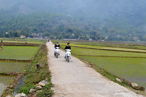 Năm 2013, huyện Kim Bôi  huy động các nguồn lực đầu tư làm mới được hơn 9 km đường giao thông nội đồng. Ảnh: Đường giao thông nội đồng xã Hạ Bì (Kim Bôi) được bê  tông hóa thuận lợi cho nhân dân đi lại và phát triển sản xuất.