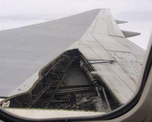 Cánh máy bay Boeing 757 của hãng Delta Air Lines mất một tấm panô khi bay từ Orlando tới Atlanta. Ảnh CNN