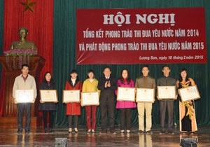 Lãnh đạo UBND huyện Lương Sơn trao giấy khen cho các cá nhân, tổ chức tiêu biểu trong phong trào thi đua yêu nước năm 2014.