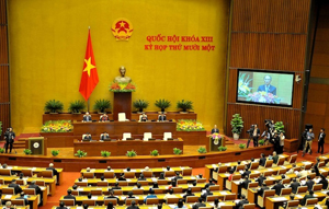 Chủ tịch Quốc hội Nguyễn Sinh Hùng phát biểu khai mạc kỳ họp thứ 11, Quốc hội khoá XIII, sáng 21-3.