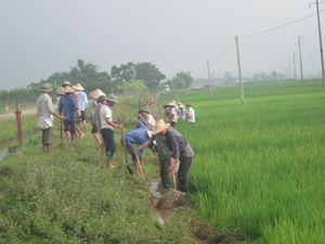 Nhân dân xã Hợp Thành (Kỳ Sơn) huy động ngày công nạo vét kênh mương nội đồng, đảm bảo nước tưới cho sản xuất.
