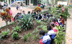 Đội viên, thiếu nhi trường tiểu học Kim Đồng (TPHB) tham gia các  hoạt động thực tế bảo vệ môi trường, cảnh quan trường học.