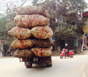 Xe chở hàng  quá khổ, quá tải  lưu thông trên  khu vực chợ Vồ,  phường Tân Hòa  (TP Hòa Bình).  ảnh chụp ngày 4/4.  ảnh: H.D