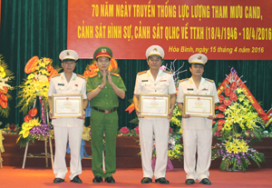 Đại diện Bộ Công an trao Bằng khen cho các tập thể và cá nhân  thuộc 3 lực lượng: Tham mưu, Cảnh sát hình sự  và Cảnh sát QLHC về TTXH (Công an tỉnh).