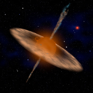 Hình minh họa một ngôi sao lùn nâu được hình thành như một ngôi sao thông thường: Hút vật chất xung quanh từ đĩa bồi đắp, giải phóng mô-men góc bằng cách bắn các tia vật chất theo hai hướng ngược nhau, các tia này tương tác với phân tử khí từ môi trường xung quanh tạo thành hiện tượng giải phóng lưỡng cực phân tử khí CO
