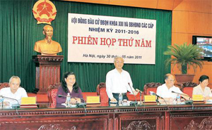 Tổng Bí thư, Chủ tịch Quốc hội, Chủ tịch Hội đồng Bầu cử Nguyễn Phú Trọng phát biểu ý kiến tại phiên họp.