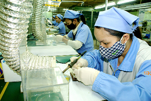 Công ty Sanko 100% vốn Nhật Bản đầu tư hoạt động hiệu quả tại KCN bờ trái sông Đà (TPHB) tạo việc làm ổn định cho hàng trăm lao động địa phương. Ảnh Lê Chung.