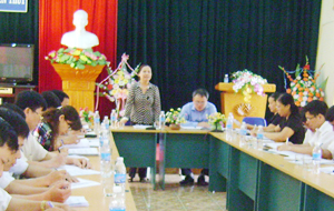 Đồng chí Hoàng Thị Chiển, Trưởng Ban Dân vận Tỉnh ủy phát biểu tại buổi làm việc với BCĐ thực hiện QCDC tại huyện Yên Thủy. 
